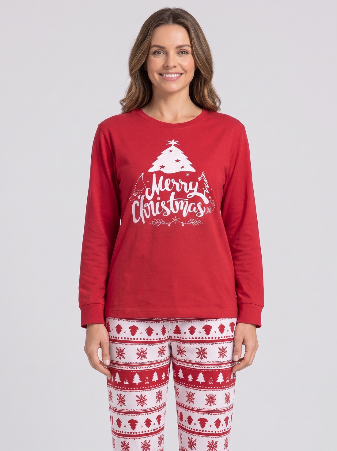 Women's red matching family Christmas pyjamas – front