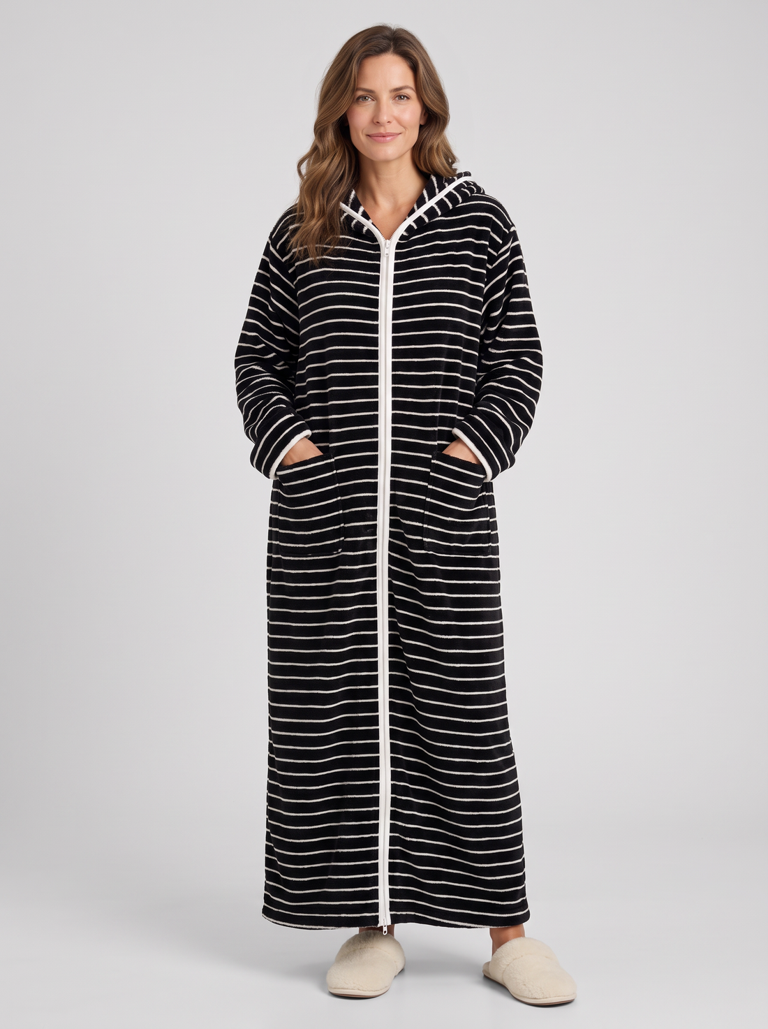 Women's black stripe hooded zip up fleece dressing gown – front