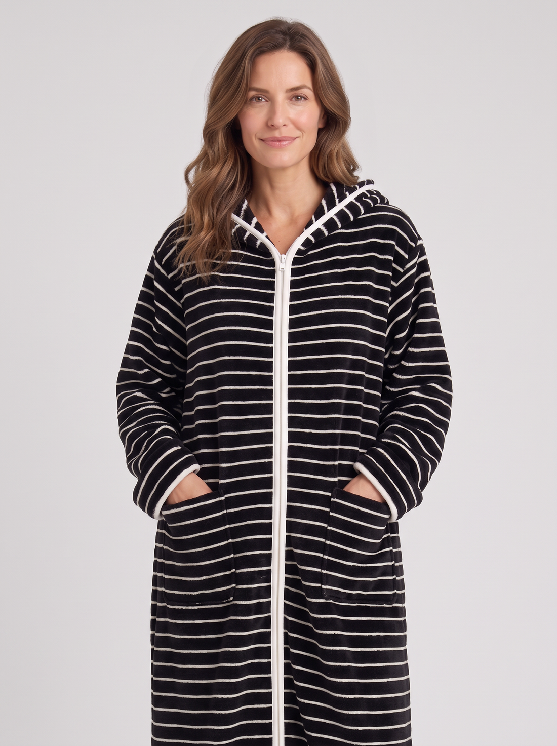 Women's black stripe hooded zip up fleece dressing gown – front