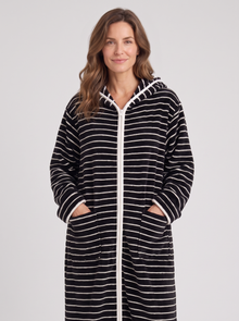 Women's black stripe hooded zip up fleece dressing gown – front