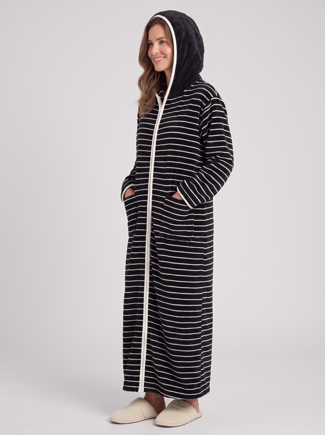 Fleece dressing gown with hood up – side view