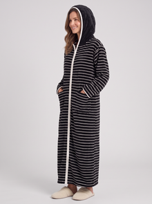 Fleece dressing gown with hood up – side view