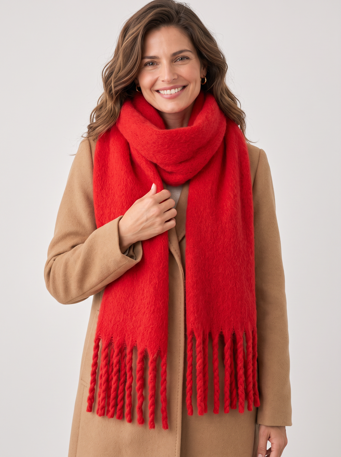 Women's red cashmere blend winter scarf – worn