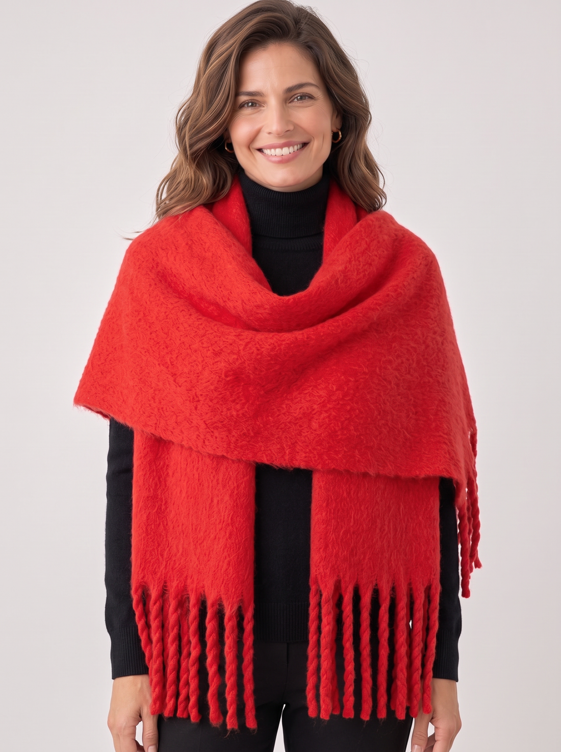 Cashmere scarf worn as a shawl