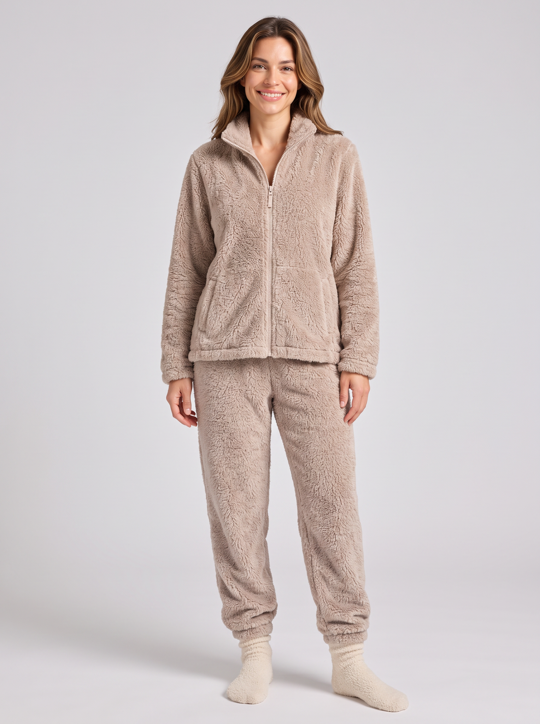 Women's light coffee sherpa fleece loungewear set – front