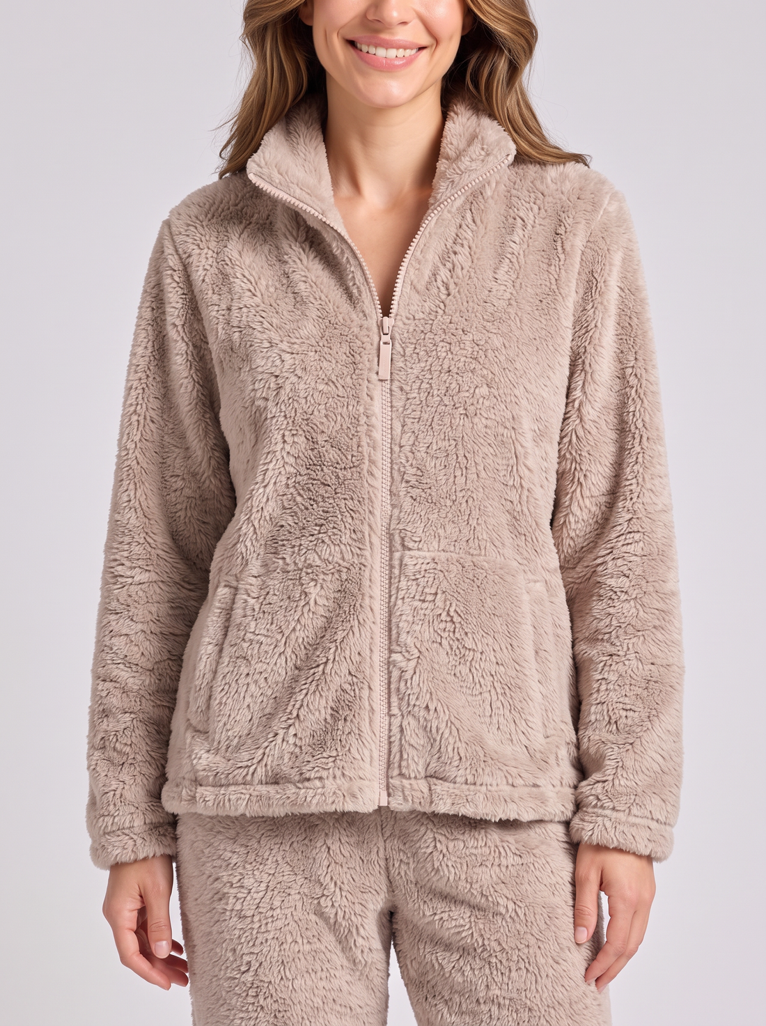 Women's light coffee sherpa fleece loungewear set – front