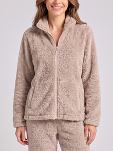 Women's light coffee sherpa fleece loungewear set – front