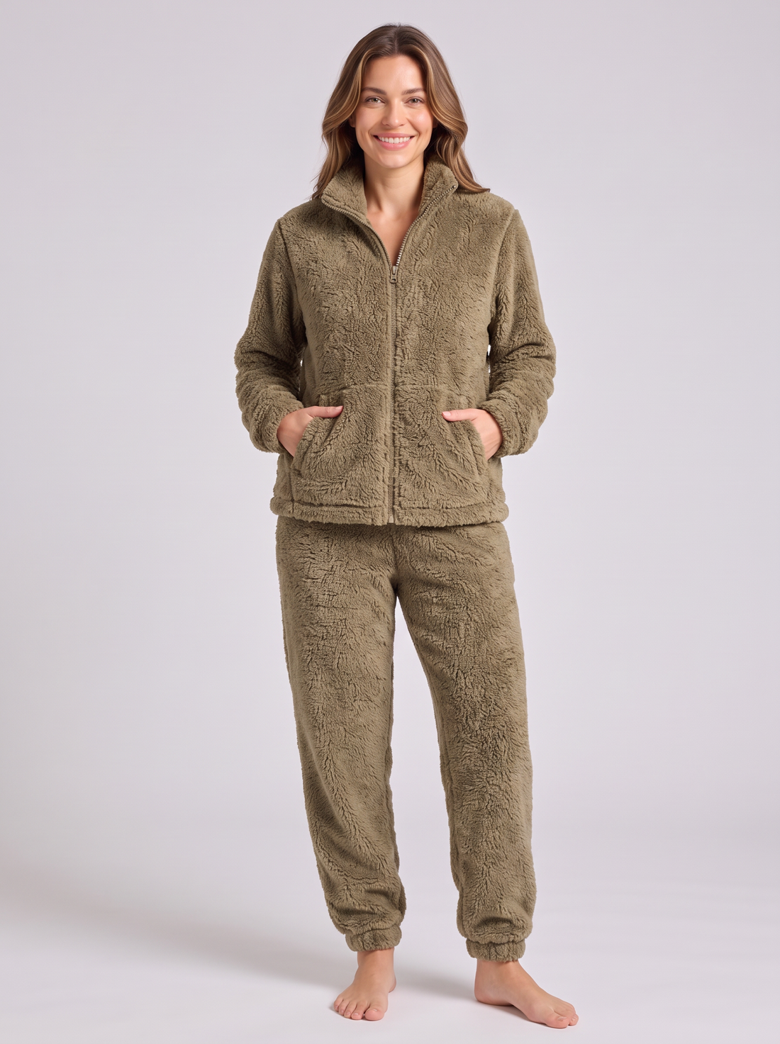 Khaki sherpa loungewear set – front