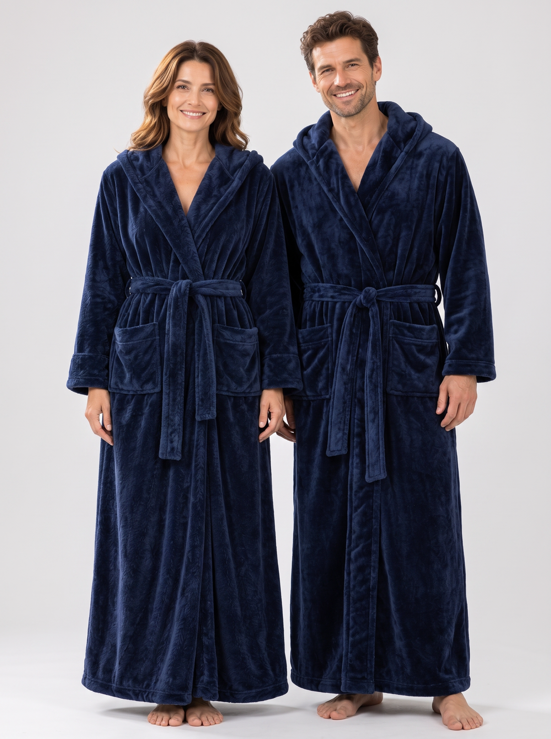 Matching couples navy hooded fleece dressing gowns – his and hers