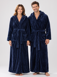 Matching couples navy hooded fleece dressing gowns – his and hers