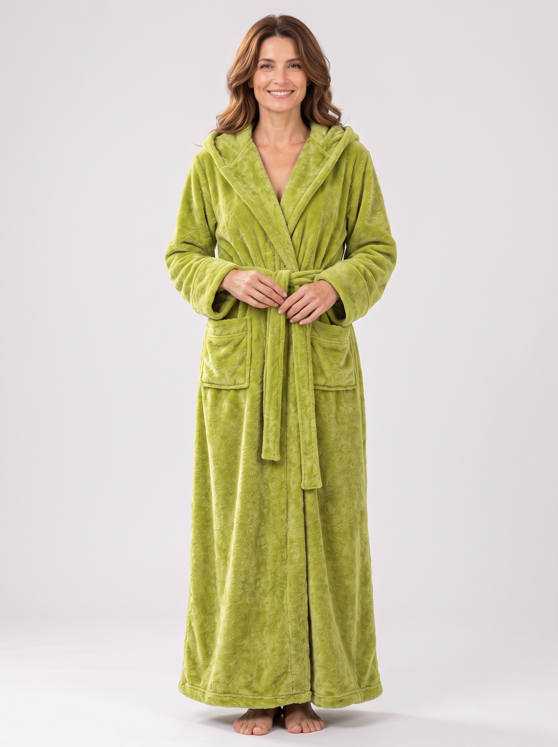 Women's green hooded fleece dressing gown