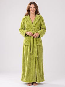 Women's green hooded fleece dressing gown