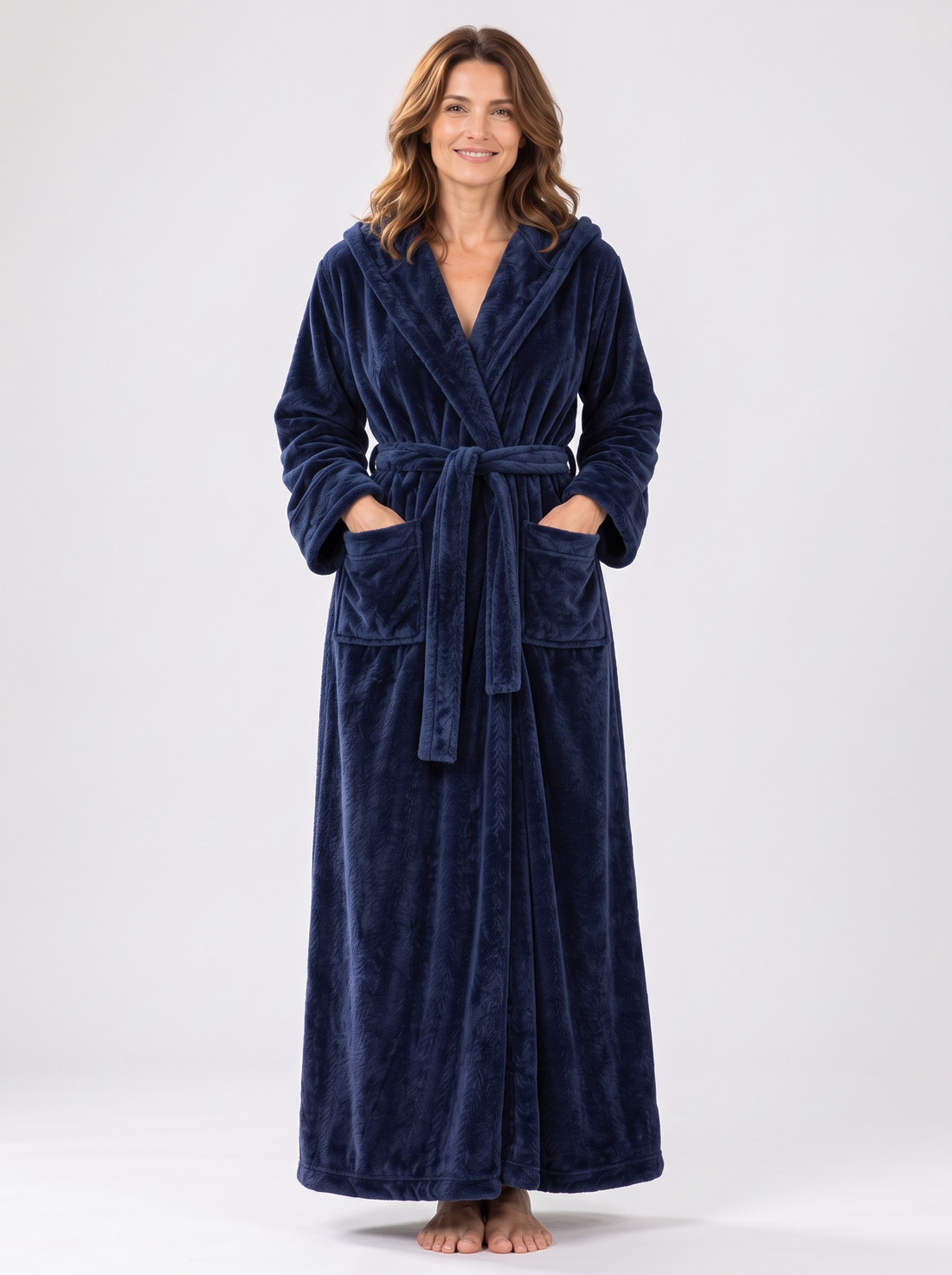 Women's navy hooded fleece dressing gown