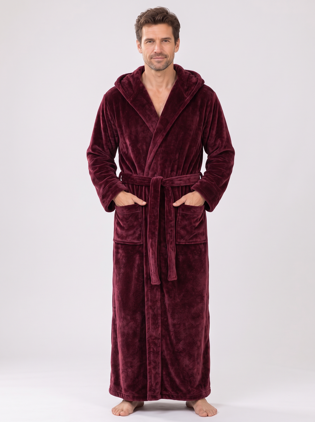 Men's wine red hooded fleece dressing gown