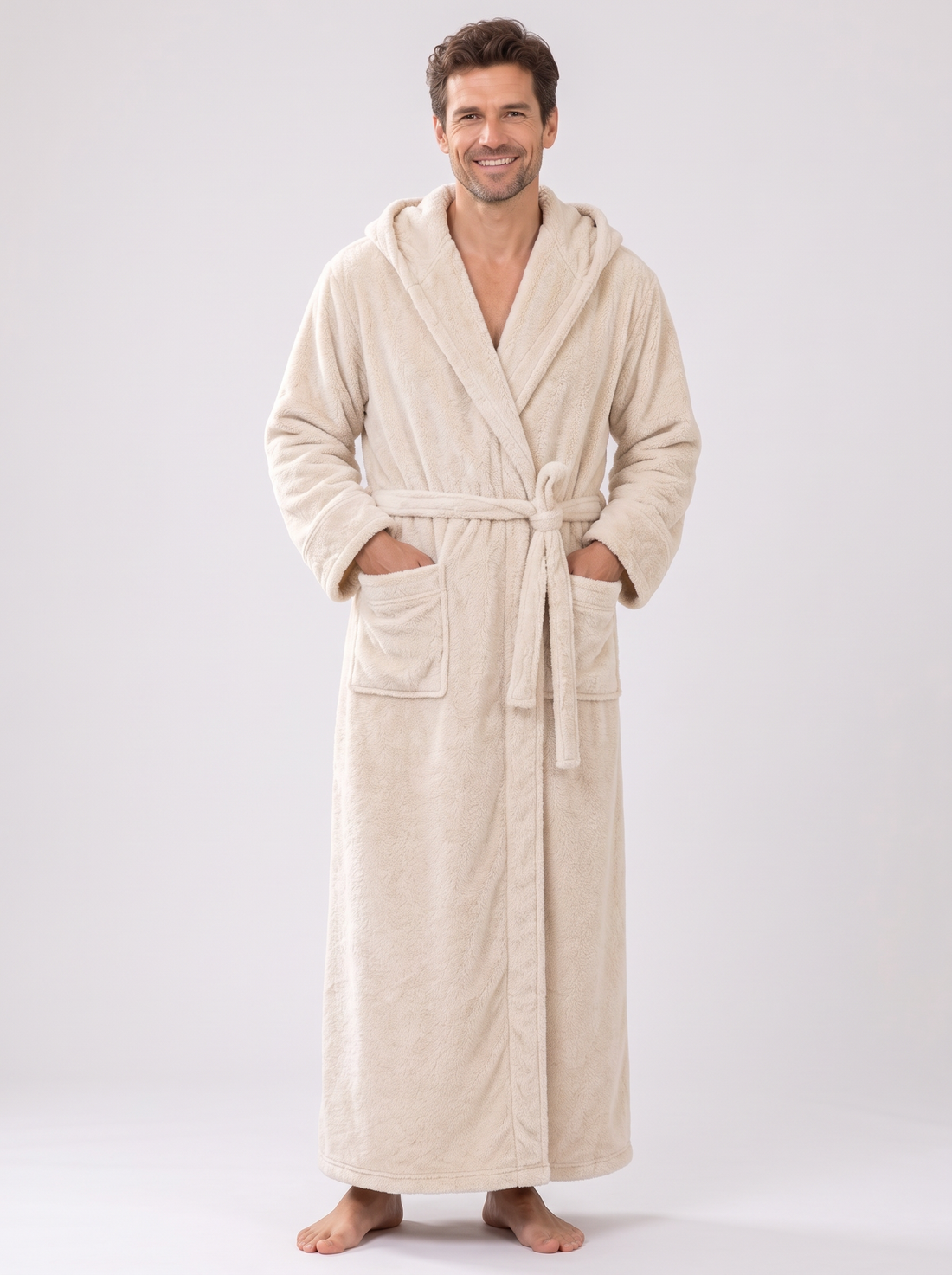 Men's cream hooded fleece dressing gown