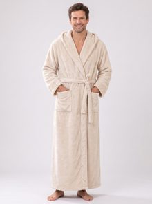 Men's cream hooded fleece dressing gown