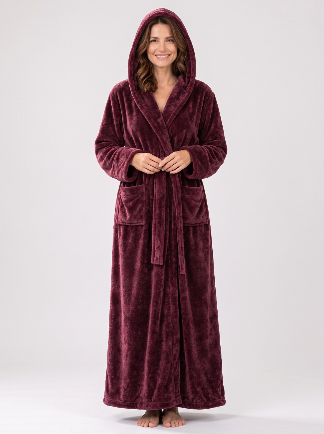 Women's burgundy hooded fleece dressing gown