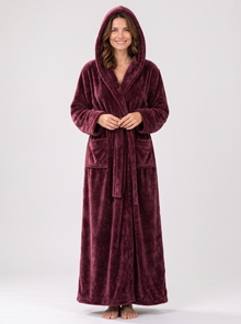 Women's burgundy hooded fleece dressing gown