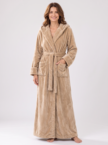 Women's beige hooded fleece dressing gown