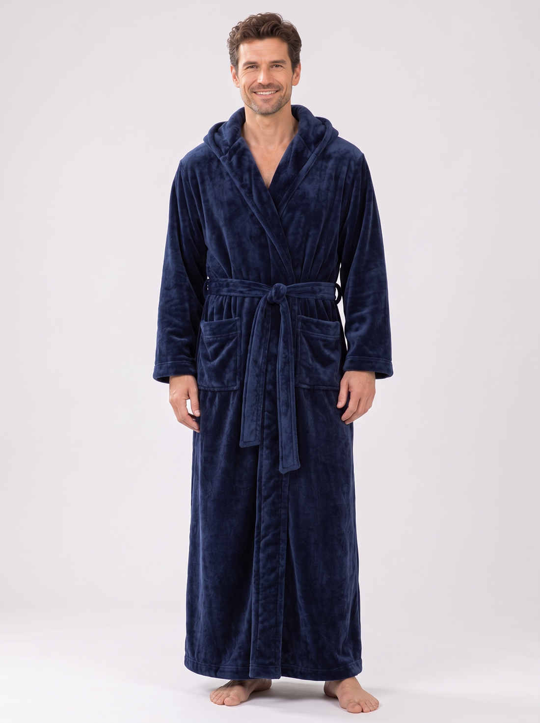 Men's navy hooded fleece dressing gown