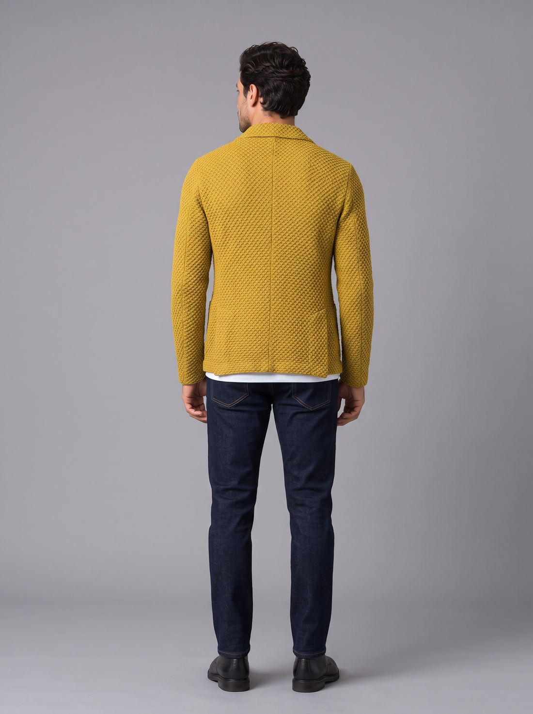 Men's yellow textured two-button blazer, front view