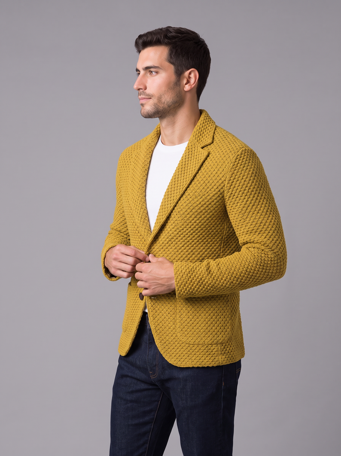 Men's yellow textured blazer, side view