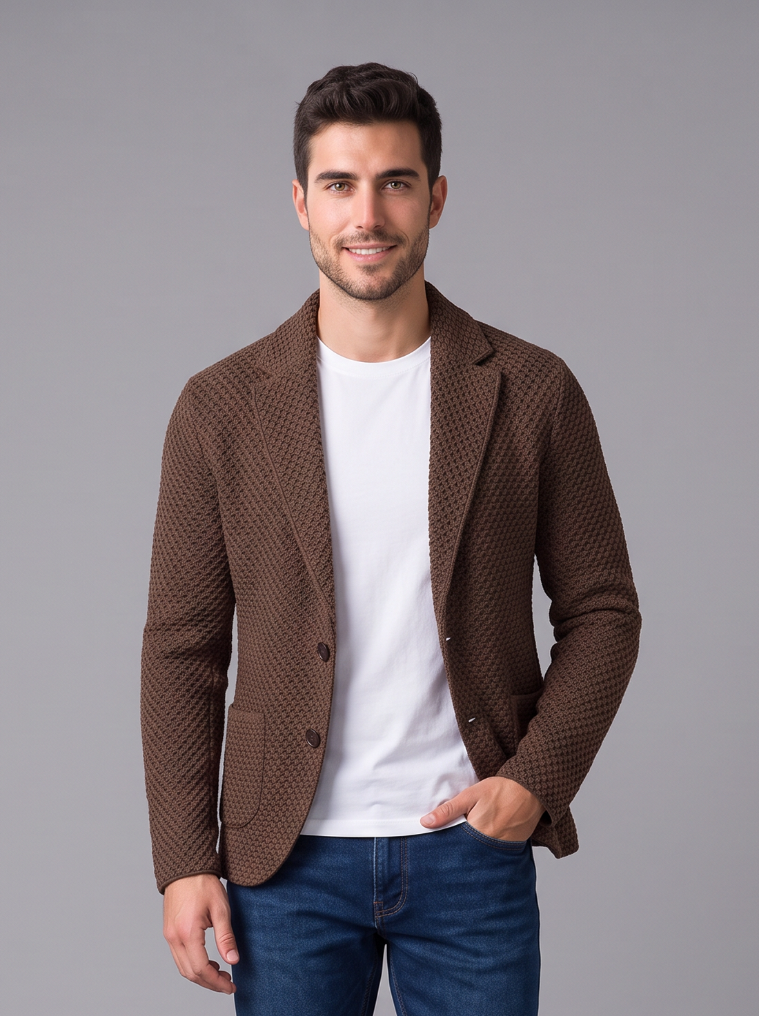 Men's brown textured two-button blazer