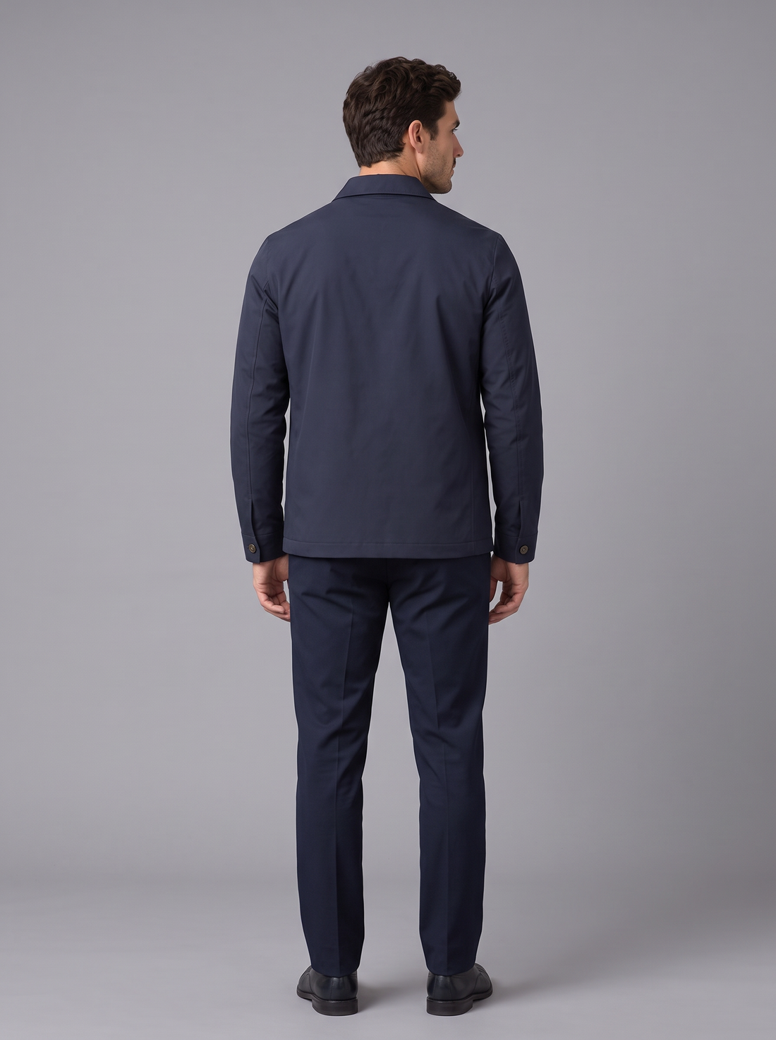 Men's navy button-up shirt jacket, front view