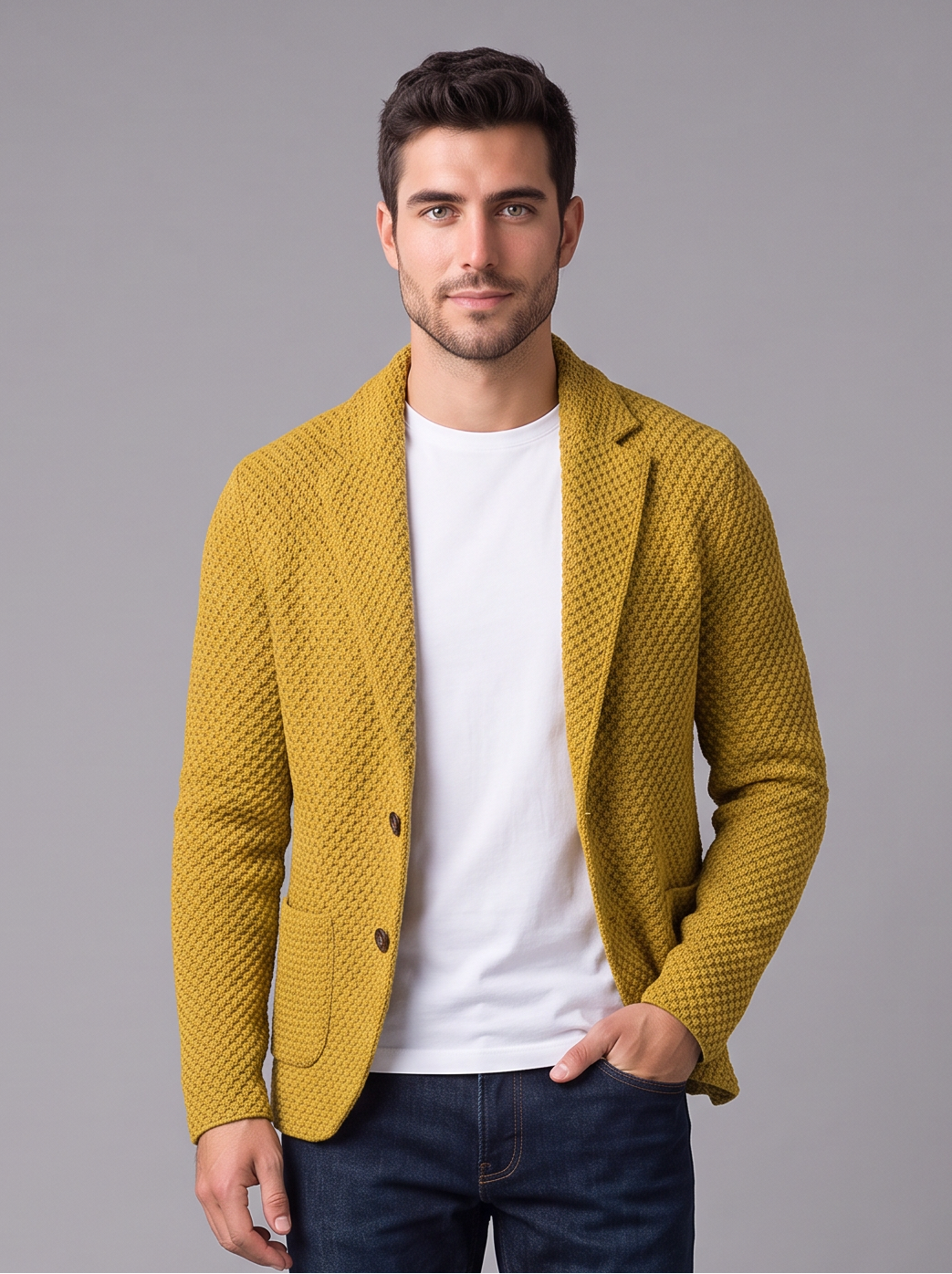 Men's yellow textured two-button blazer, front view