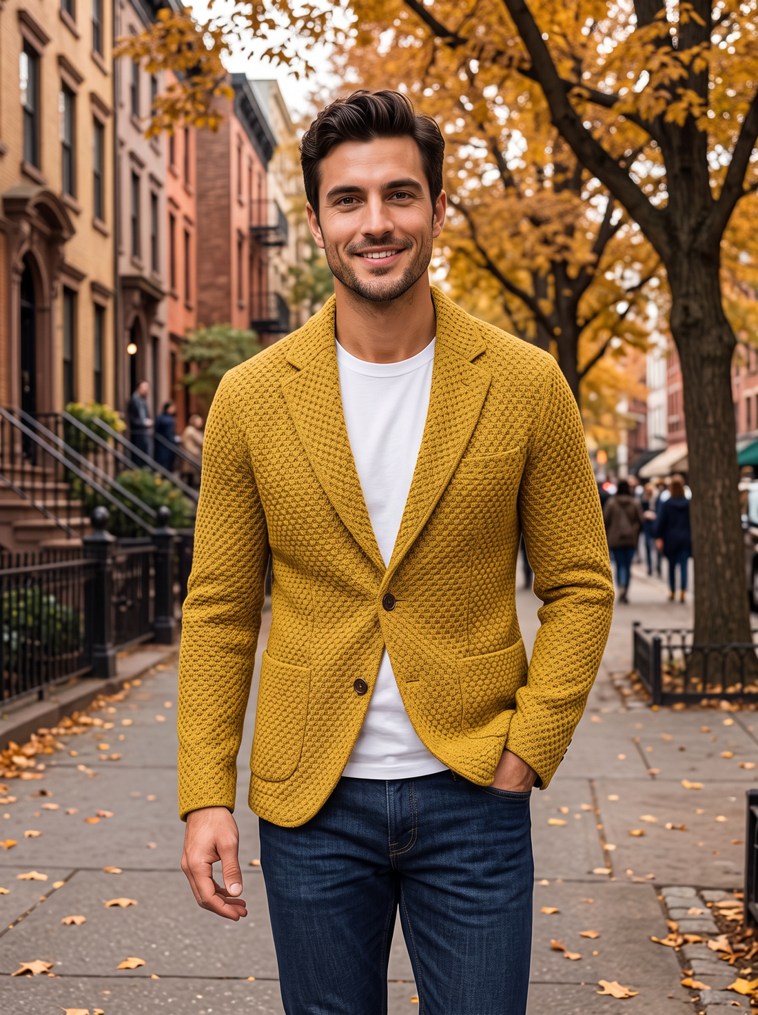 Man walking in an autumn street wearing a yellow textured blazer