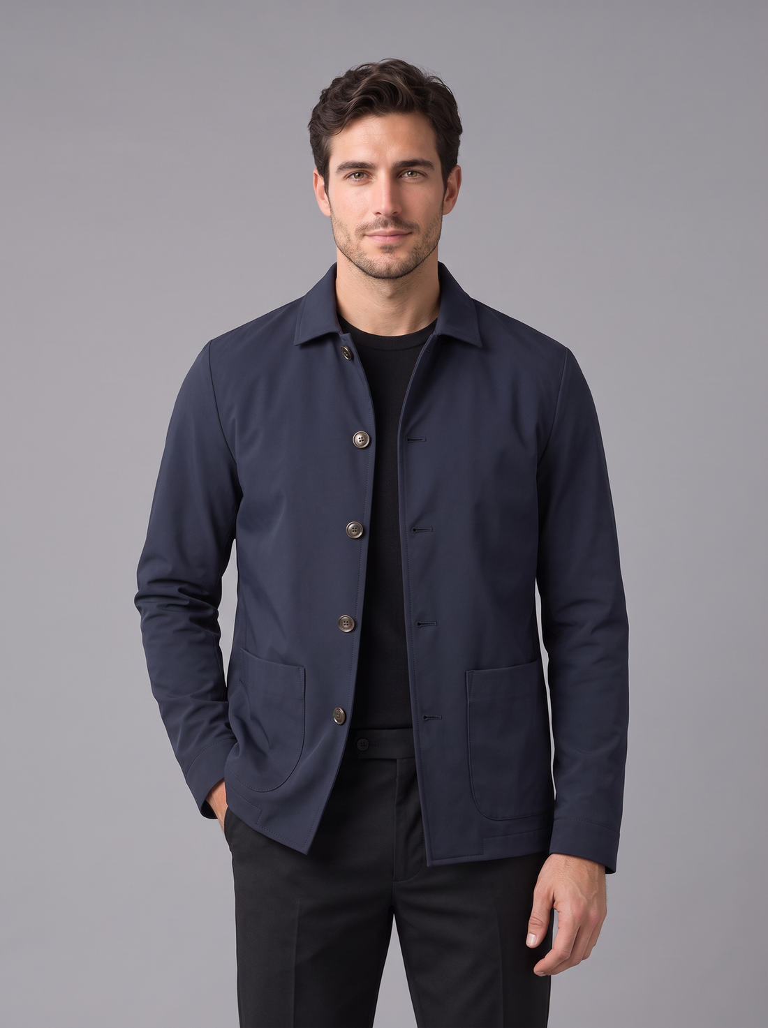 Men's navy button-up shirt jacket, front view