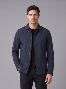 Men's navy button-up shirt jacket, front view