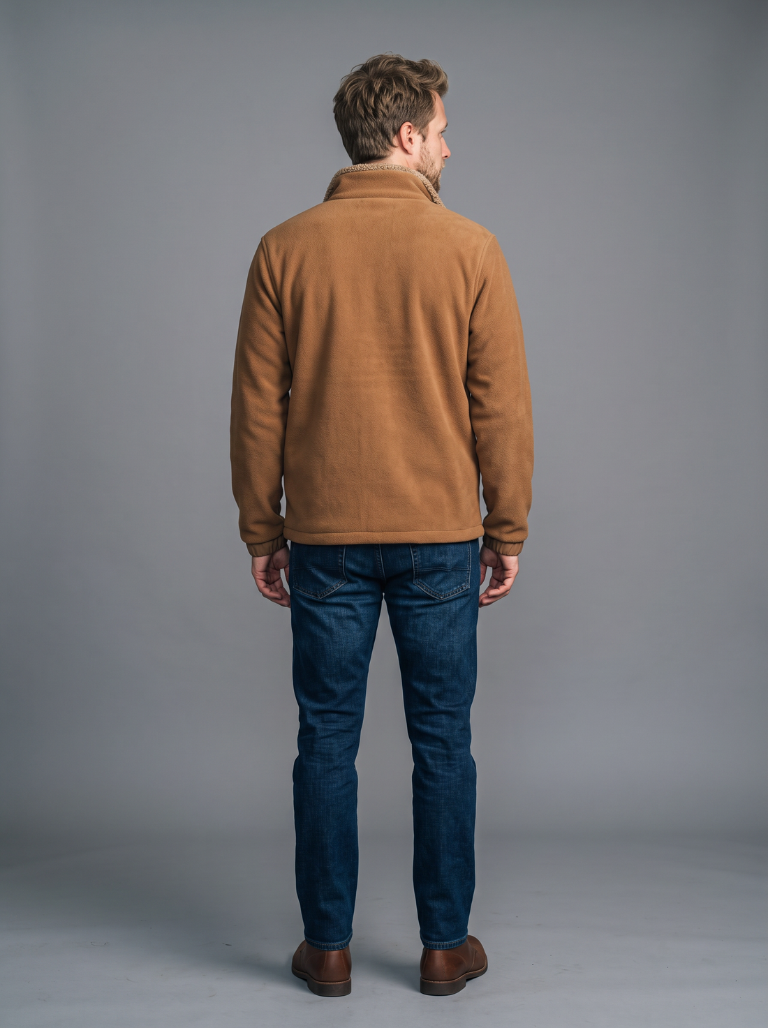 Men's caramel sherpa fleece jacket, front view