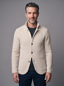 Men's beige knitted collared button-front cardigan