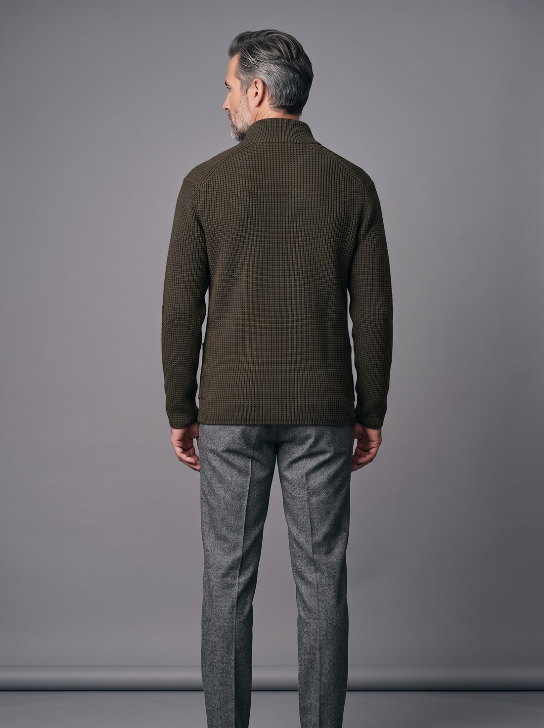 Men's coffee brown knitted collared cardigan, front view