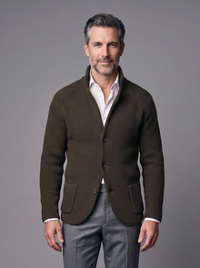 Men's coffee brown knitted collared cardigan, front view