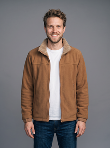 Men's caramel sherpa fleece jacket, front view
