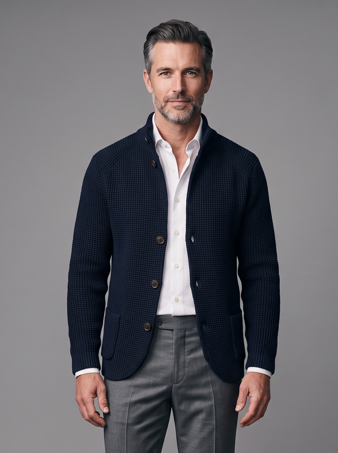 Men's navy knitted collared button-front cardigan