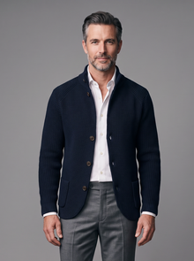 Men's navy knitted collared button-front cardigan