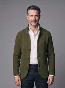 Men's green knitted collared button-front cardigan