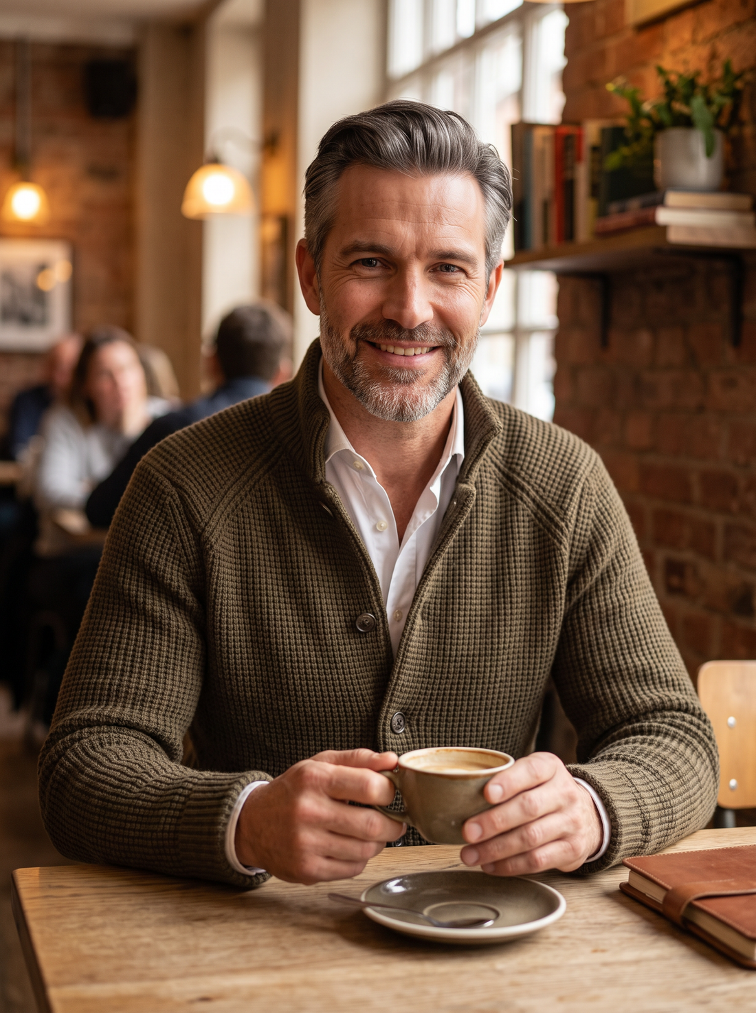 Man in a cafe wearing a knitted collared cardigan
