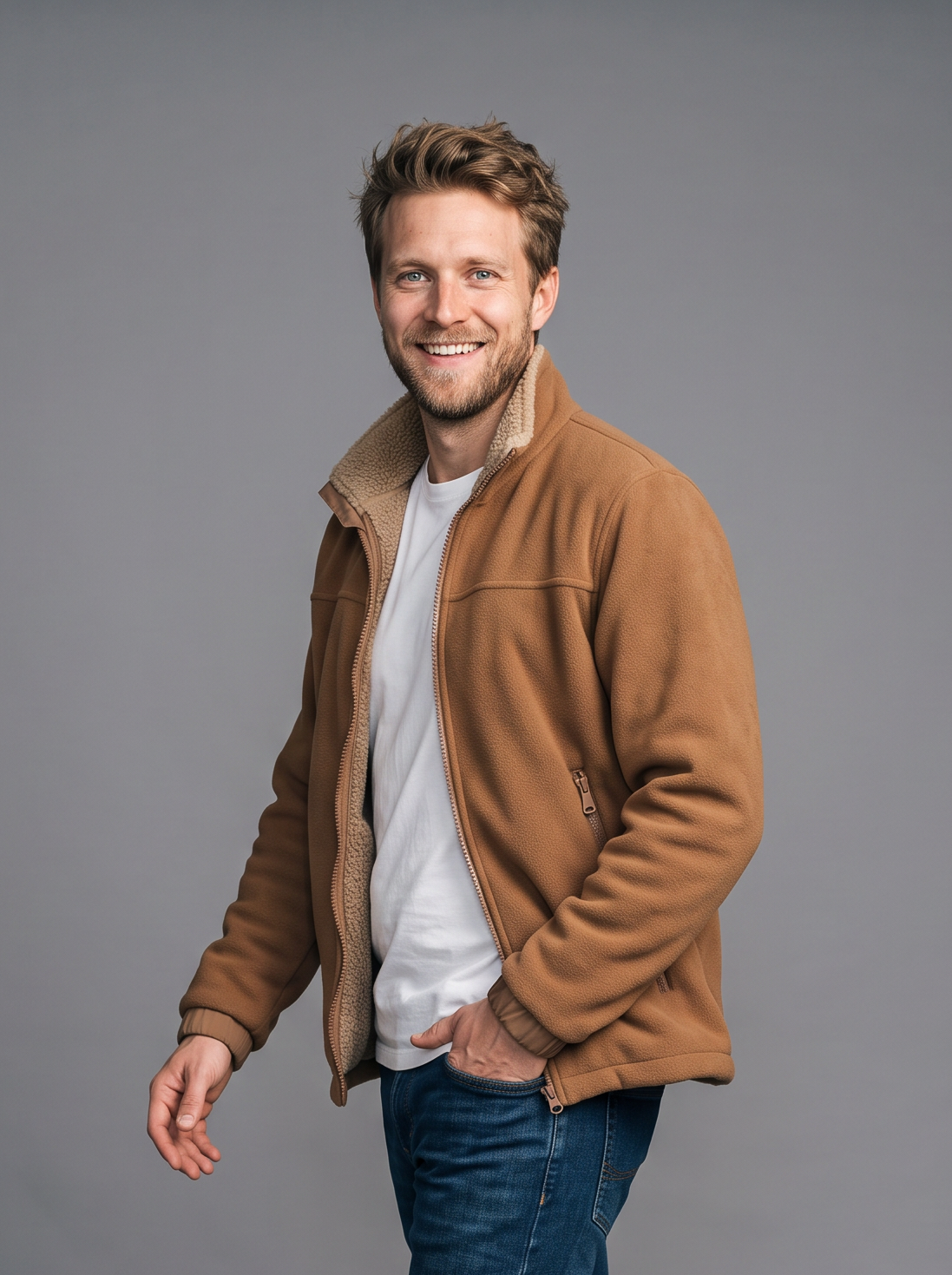 Man walking in a caramel sherpa fleece jacket, side view