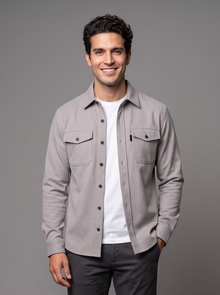 Men's light grey slim fit overshirt, front view