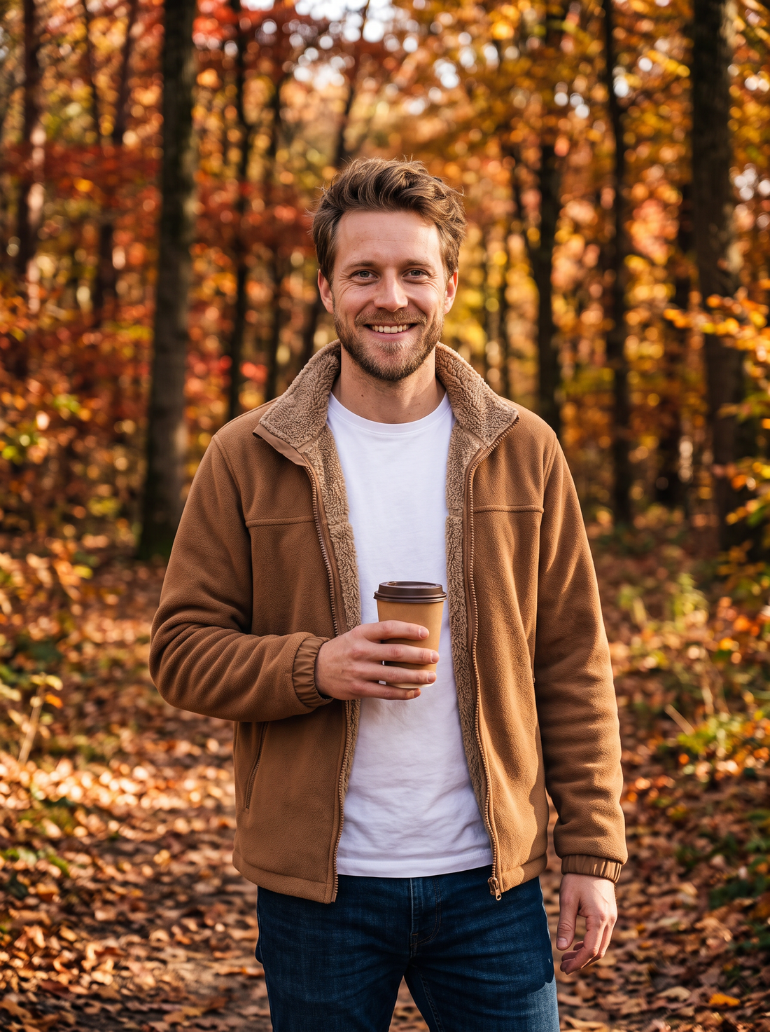 Man on an autumn path in a sherpa fleece jacket with coffee