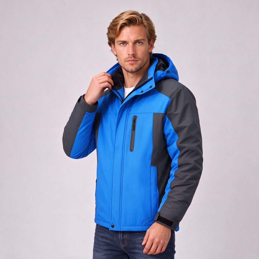 Men's blue insulated hooded winter jacket, front view