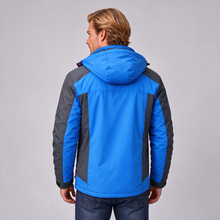 Men's blue insulated hooded winter jacket, back view