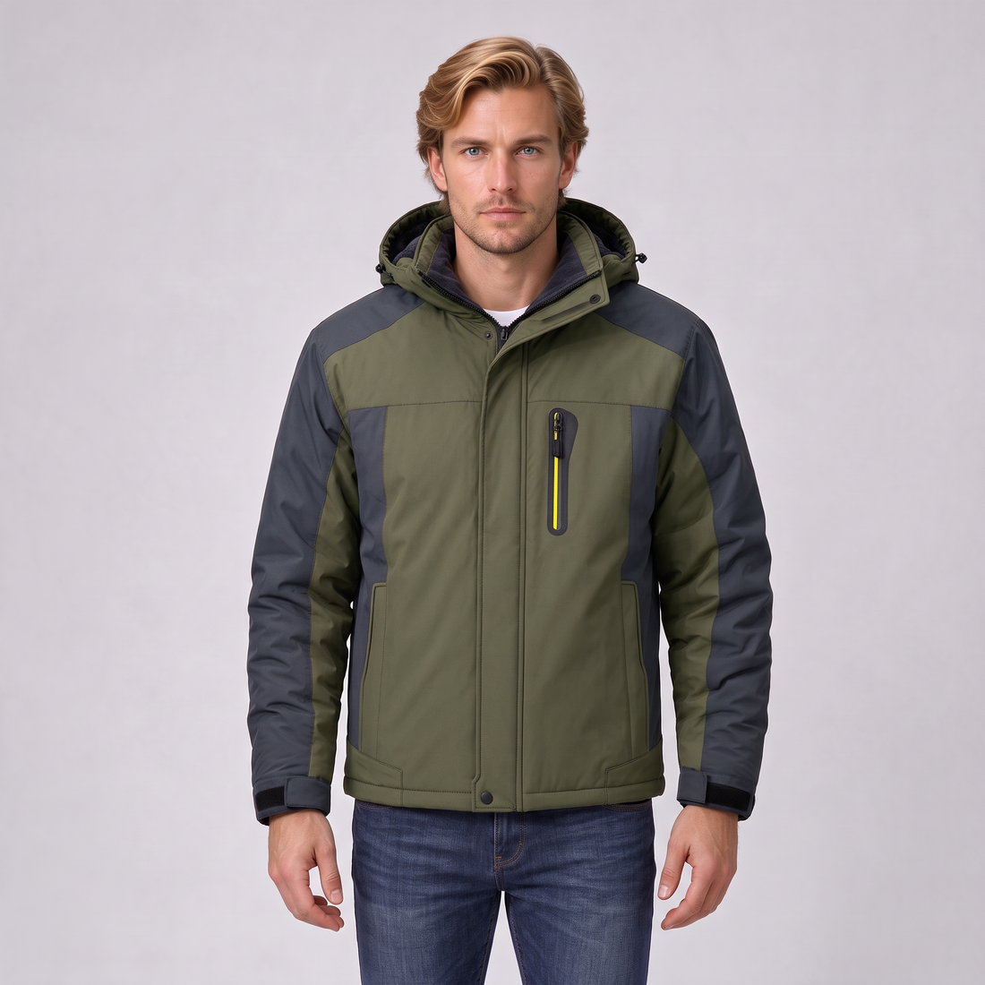 Men's green insulated hooded winter jacket