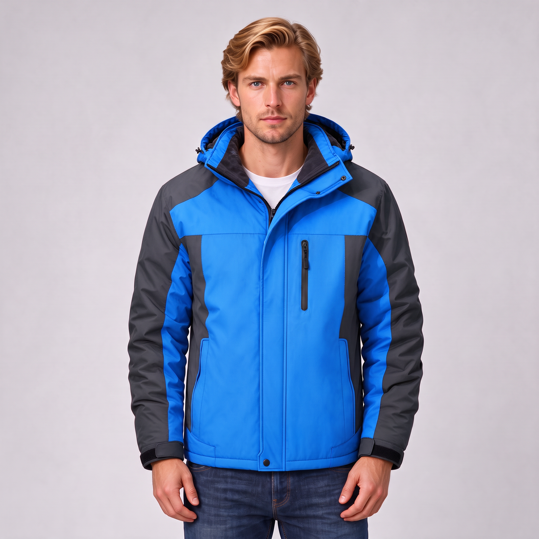 Men's blue insulated hooded winter jacket, front view
