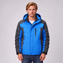 Men's blue insulated hooded winter jacket, front view