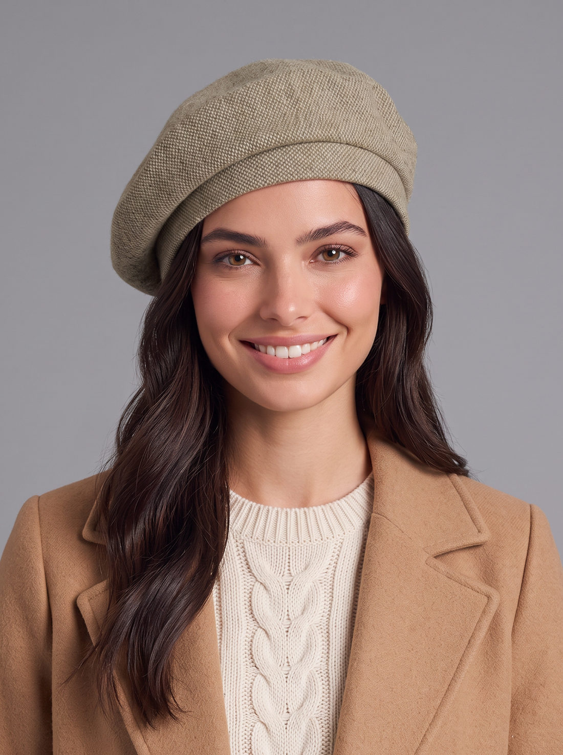 Side profile of a woman wearing a khaki knitted beret